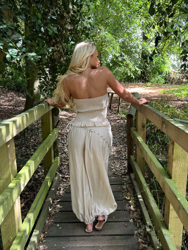 Beige Studded V Hem Bandeau Top - HL London