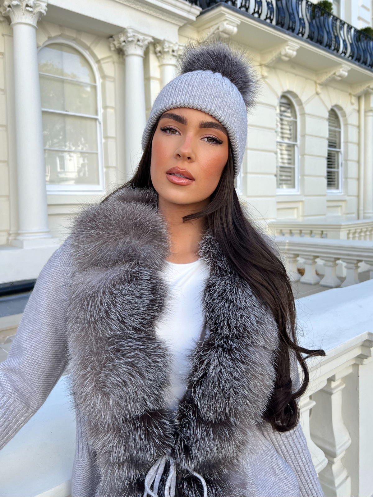 Grey Two Tone Luxury Fur Bobble Hat