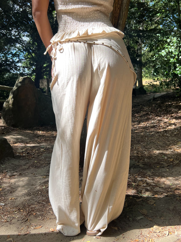 Beige Studded Wide Leg Scarf Trousers - HL London