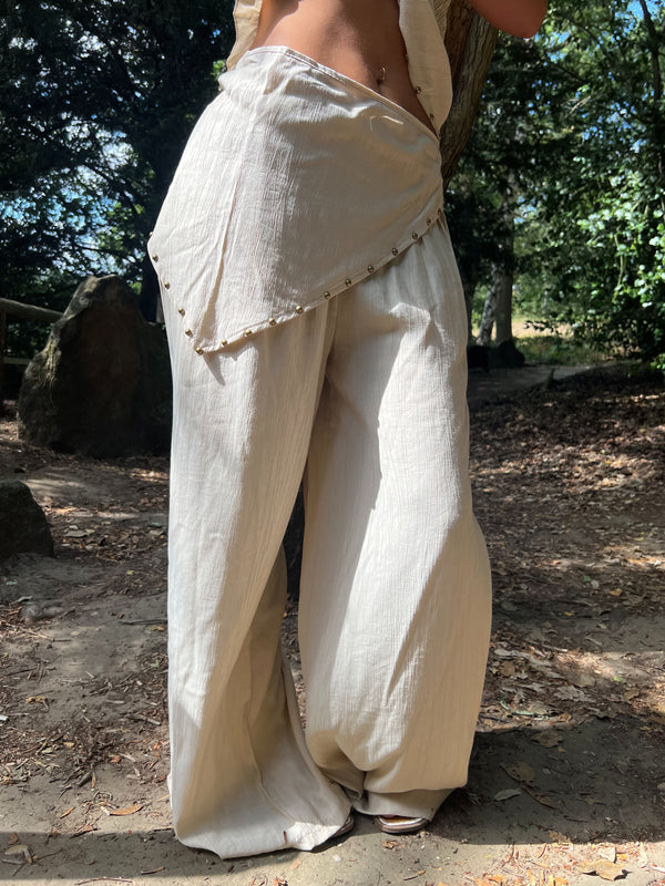 Beige Studded Wide Leg Scarf Trousers - HL London