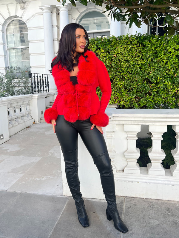 Red Luxury Fur Cardigan