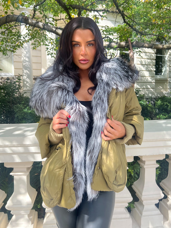 Khaki Luxury Fur Trim Jacket