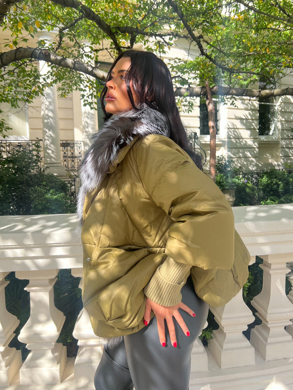 Khaki Luxury Fur Trim Jacket