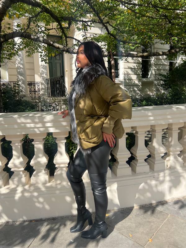 Khaki Luxury Fur Trim Jacket