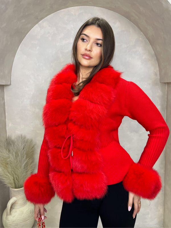 Red Luxury Fur Cardigan