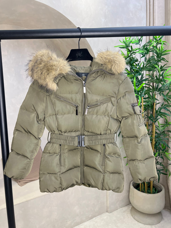 Childrens Khaki Faux Fur Padded Belted Coat Sample Age 7-8
