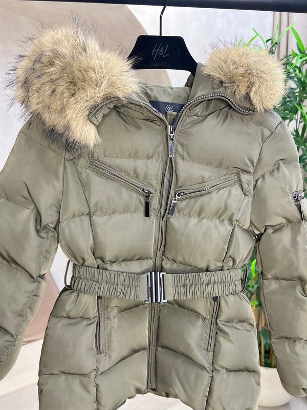 Childrens Khaki Faux Fur Padded Belted Coat Sample Age 7-8