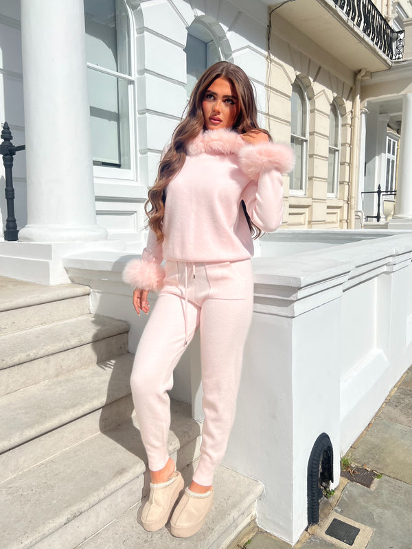 Baby Pink Luxury Fur Trim Hood & Cuff Jogger Tracksuit