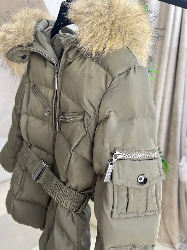 Childrens Khaki Faux Fur Padded Belted Coat Sample Age 7-8