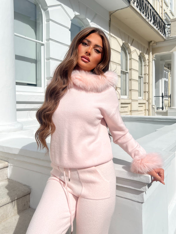 Baby Pink Luxury Fur Trim Hood & Cuff Jogger Tracksuit