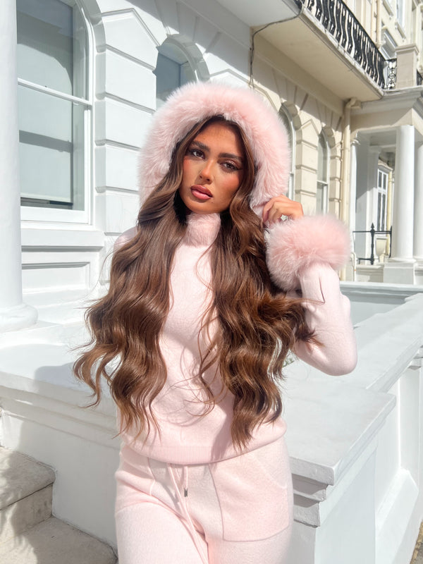 Baby Pink Luxury Fur Trim Hood & Cuff Jogger Tracksuit