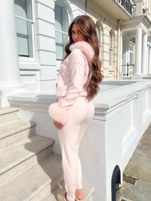 Baby Pink Luxury Fur Trim Hood & Cuff Jogger Tracksuit
