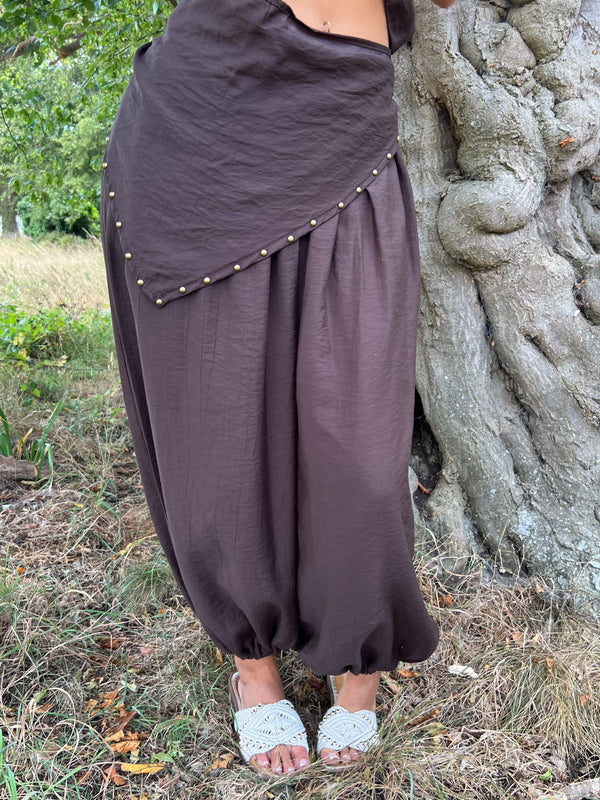 Chocolate Studded Harem Scarf Trouser - HL London