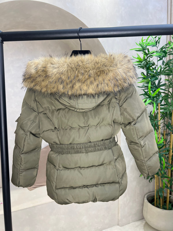 Childrens Khaki Faux Fur Padded Belted Coat Sample Age 7-8