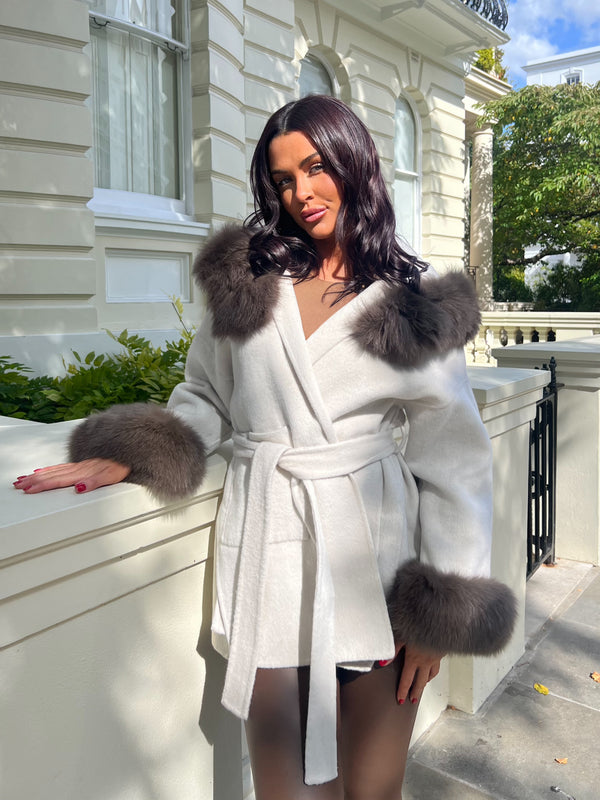 Beige/Chocolate Cashmere Coat With Fox Fur Trim