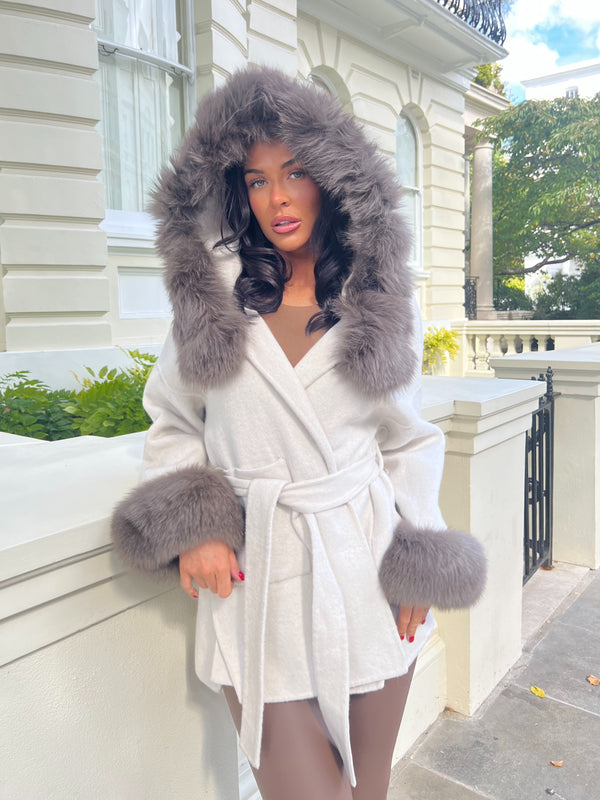 Beige/Chocolate Cashmere Coat With Fox Fur Trim