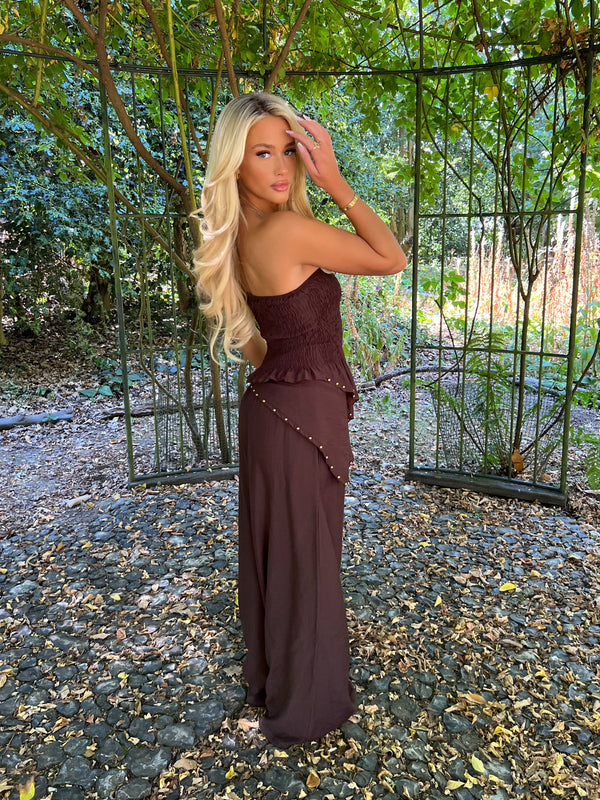Chocolate Studded Wide Leg Scarf Trousers - HL London