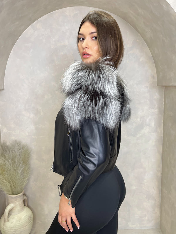 Black/Grey Collarless Luxury Fur Biker Jacket
