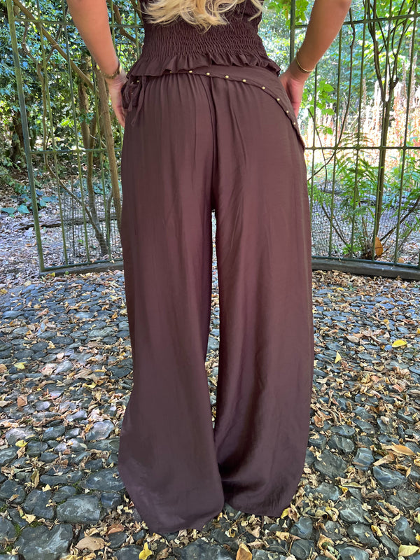 Chocolate Studded Wide Leg Scarf Trousers - HL London