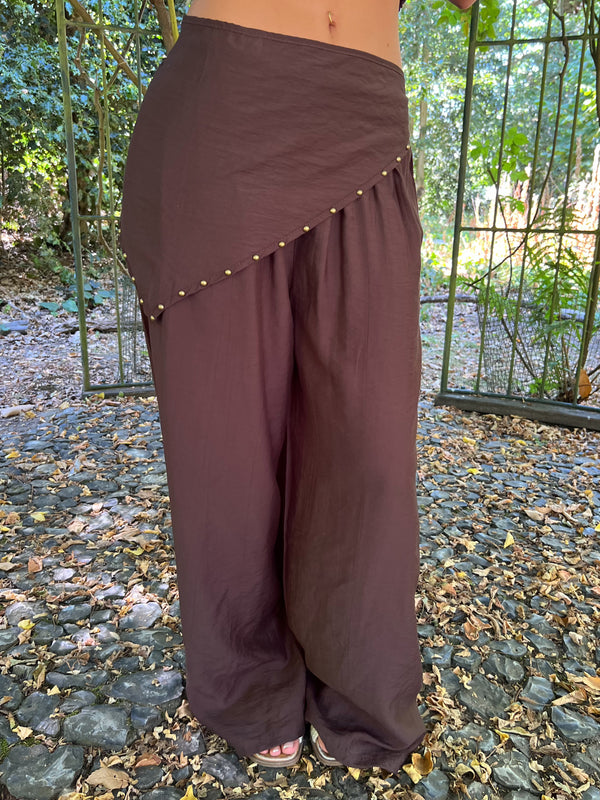 Chocolate Studded Wide Leg Scarf Trousers - HL London