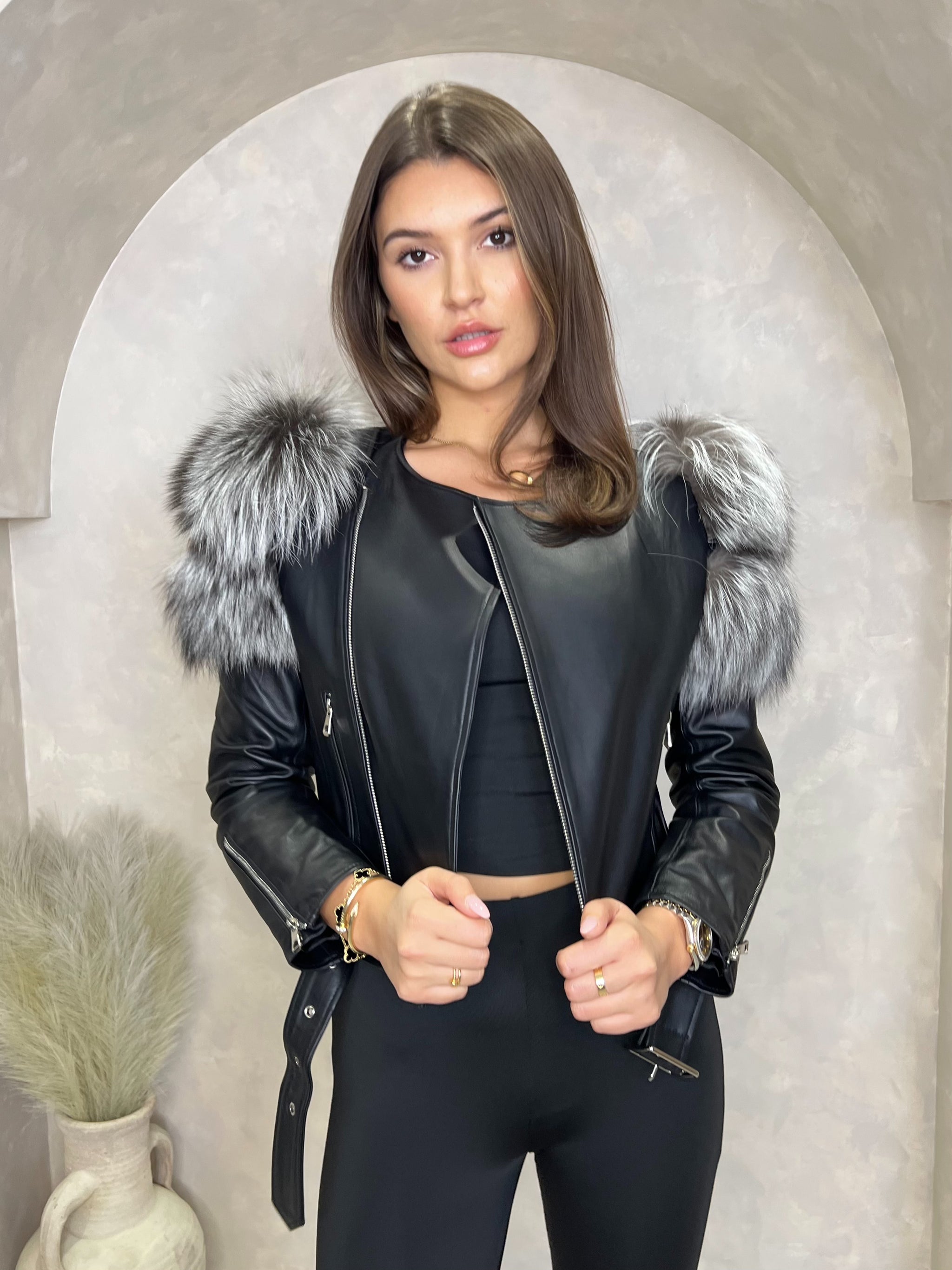 Grey fur biker jacket clearance