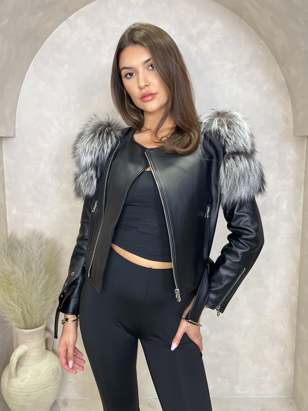 Black/Grey Collarless Luxury Fur Biker Jacket