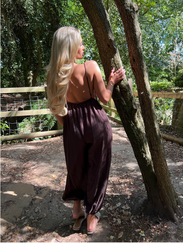Chocolate Studded Cuffed Ankle Jumpsuit - HL London