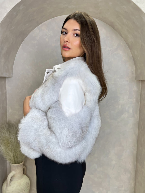Light Grey Luxury Fur Biker Style Jacket