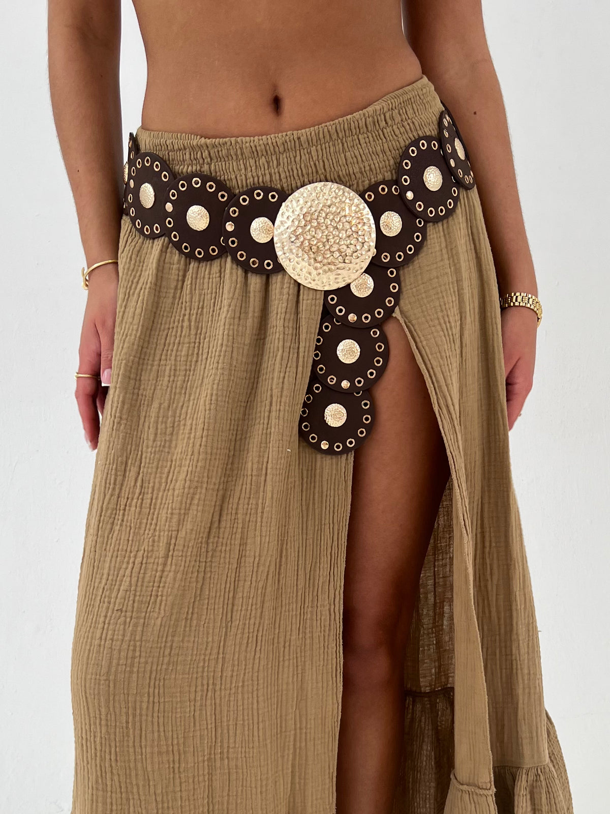 Chocolate Brown Disc Belt With Hammered Gold Detail