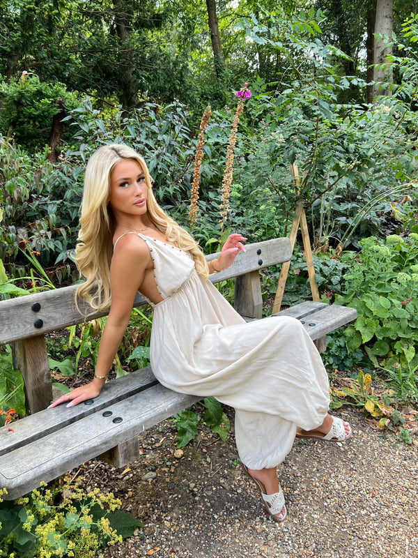 Beige Studded Cuffed Ankle Jumpsuit - HL London