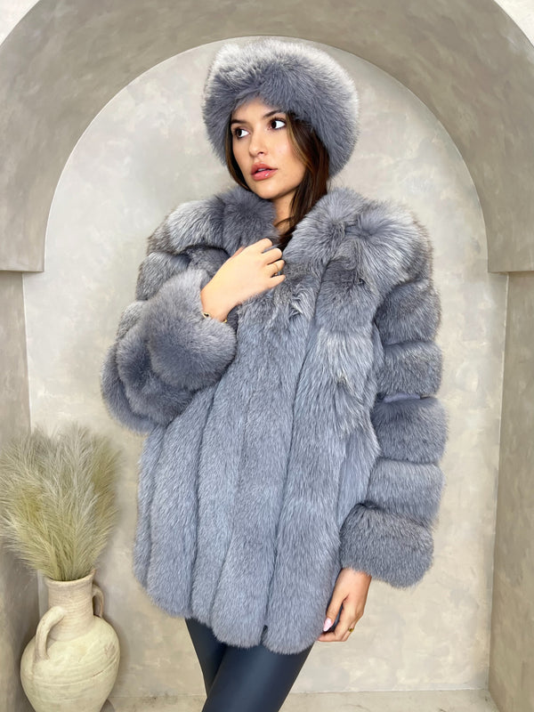 Grey Luxury Fur Mid Length Coat