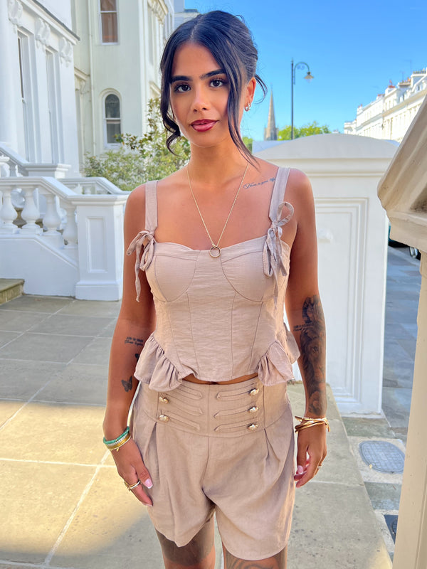 Military Taupe Corset Style Peplum Top - HL London