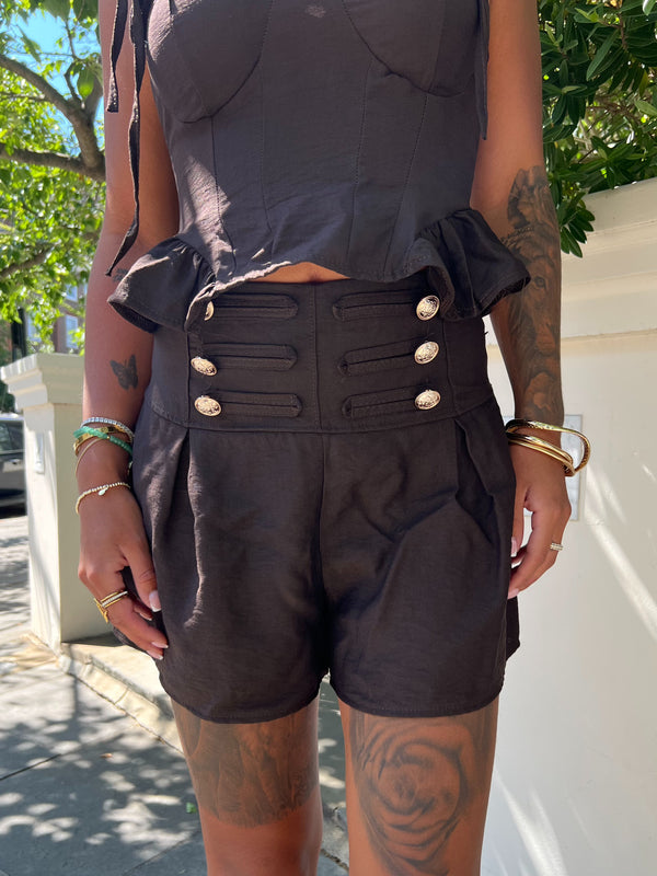 Chocolate High Waisted Military Shorts - HL London