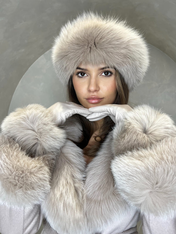 Beige Luxury Fur Leather Gloves