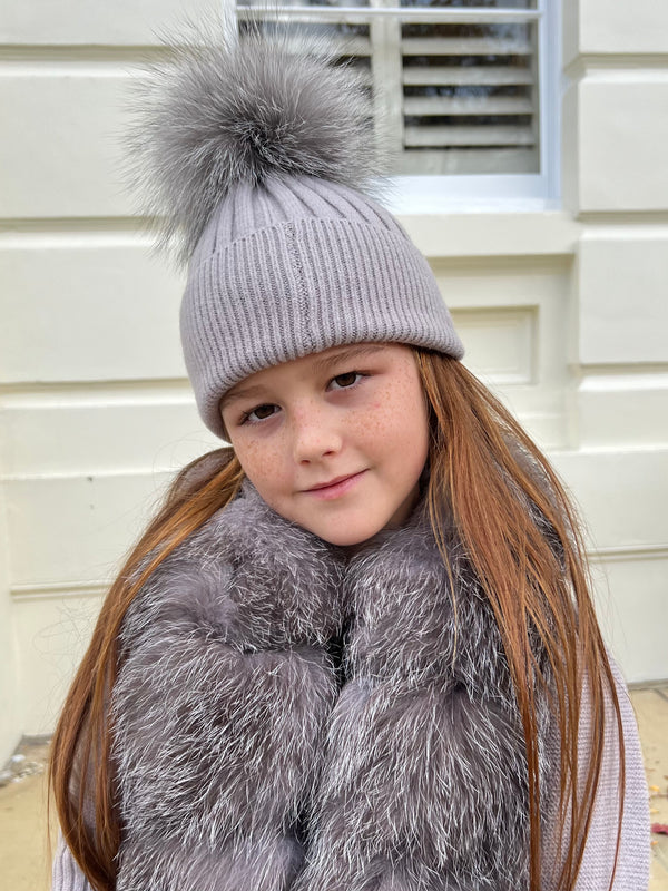 Childrens Grey/Two Tone Luxury Fur Bobble Hat