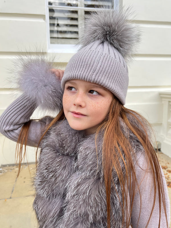 Childrens Grey/Two Tone Luxury Fur Bobble Hat