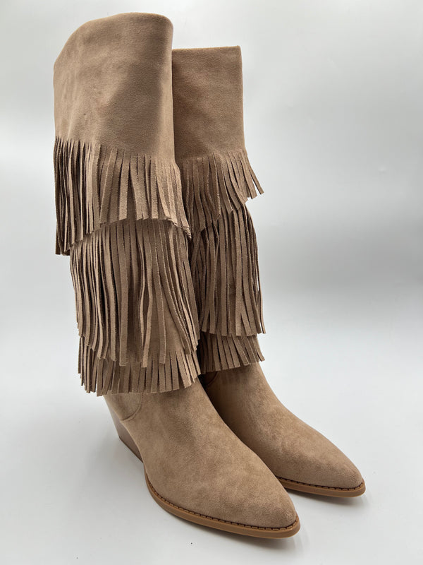 Dark Beige Fringe Faux Suede Cowboy Boots in Dark Beige / 36/3 - HL London