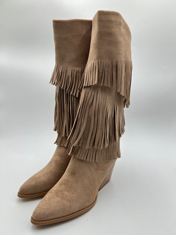 Dark Beige Fringe Faux Suede Cowboy Boots in Dark Beige / 36/3 - HL London