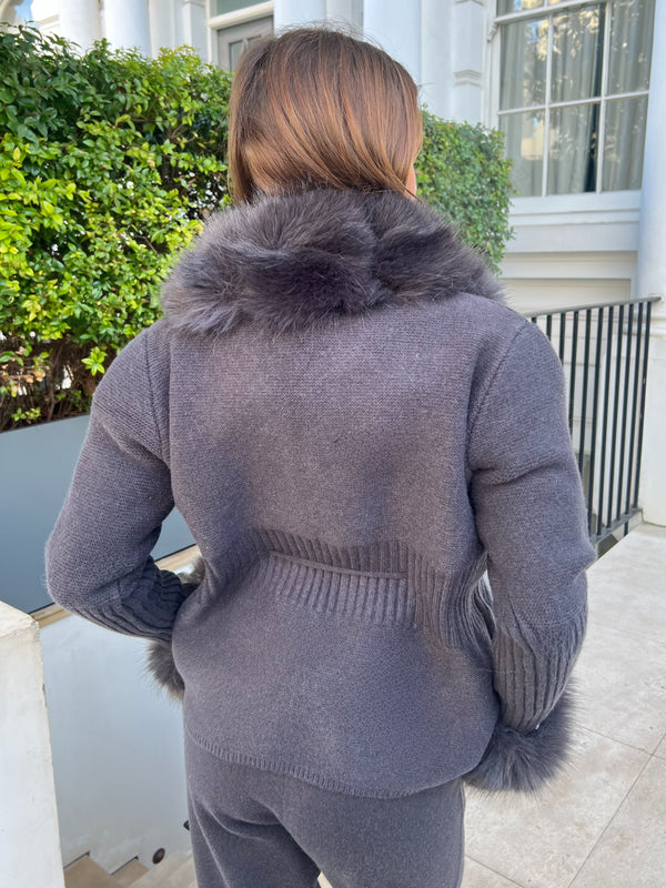 Charcoal Premium Faux Fur Trimmed Cardigan