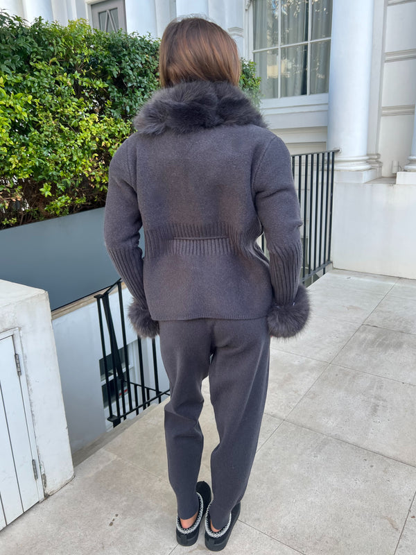 Charcoal Premium Faux Fur Trimmed Cardigan