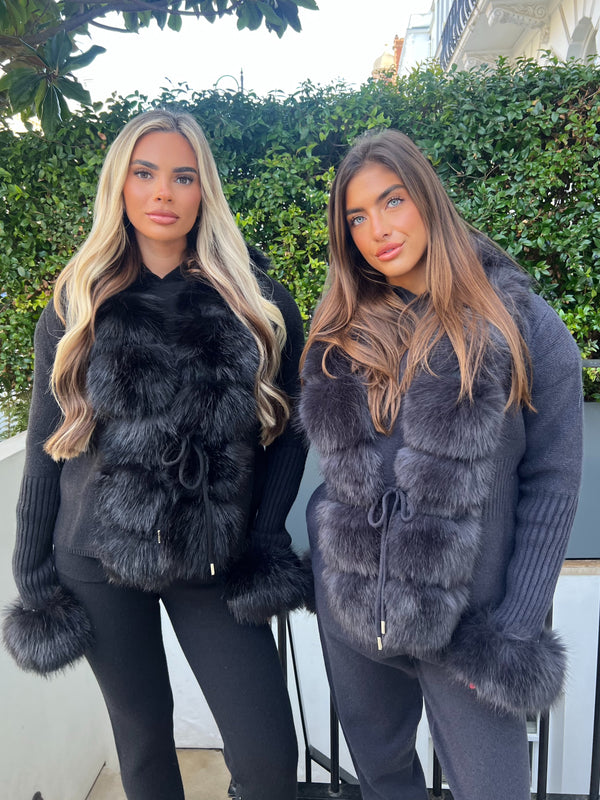 Charcoal Premium Faux Fur Trimmed Cardigan
