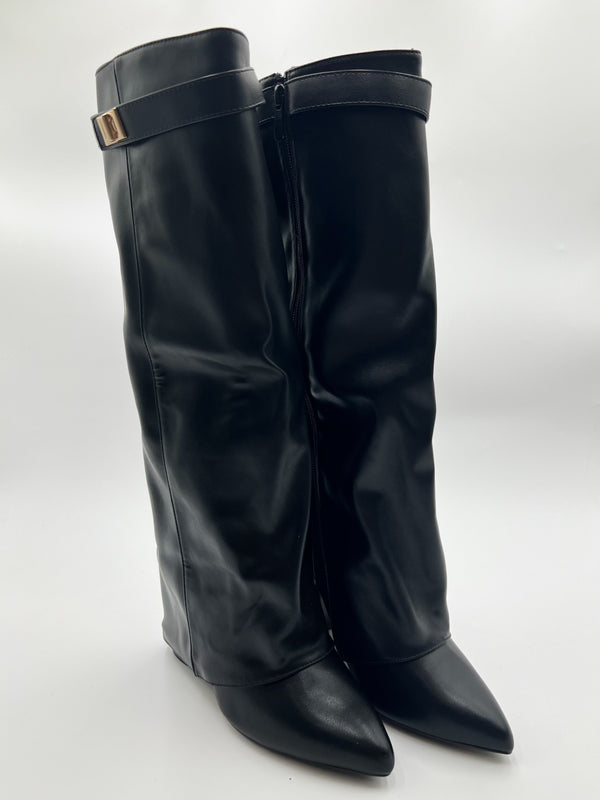 Black Faux Leather Fold Over Knee High Boots in Black Faux Leather / 36/3 - HL London