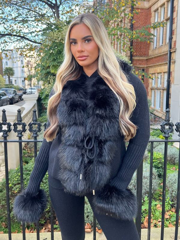 Black Premium Faux Fur Trimmed Cardigan