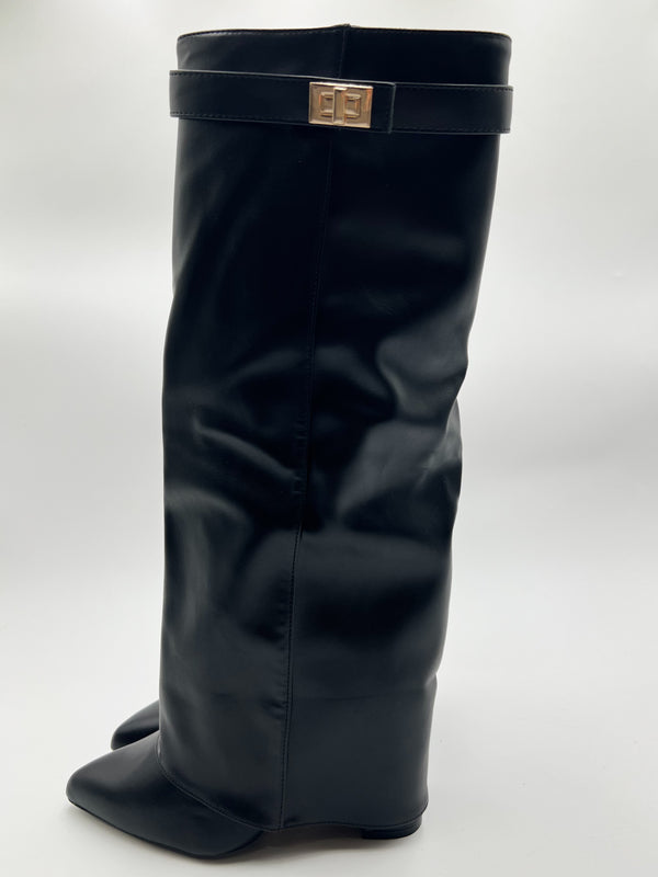 Black Faux Leather Fold Over Knee High Boots in Black Faux Leather / 36/3 - HL London