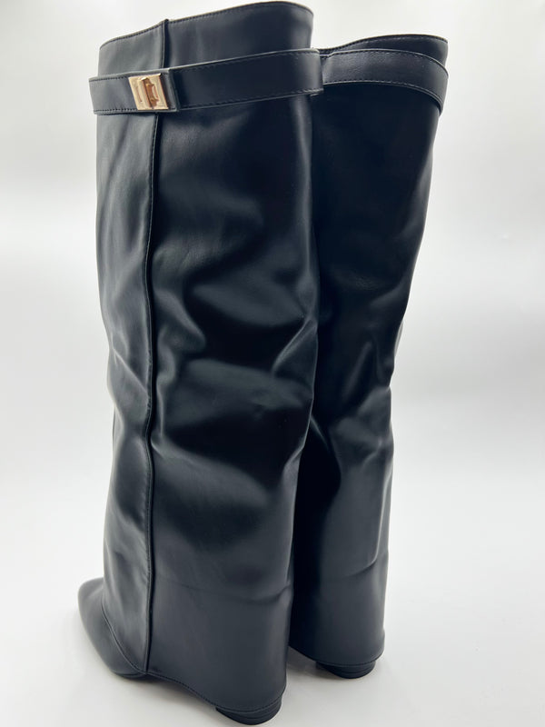 Black Faux Leather Fold Over Knee High Boots in Black Faux Leather / 36/3 - HL London