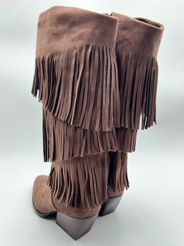 Chocolate Fringe Faux Suede Cowboy Boots in Chocolate / 36/3 - HL London