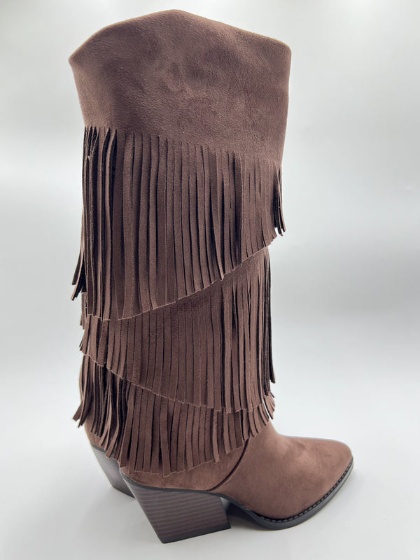 Chocolate Fringe Faux Suede Cowboy Boots in Chocolate / 36/3 - HL London