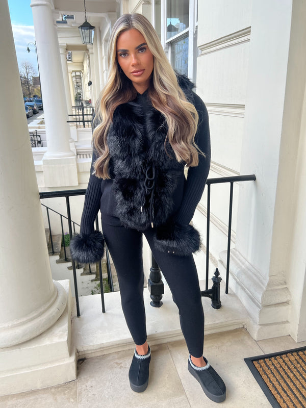 Black Premium Faux Fur Trimmed Cardigan