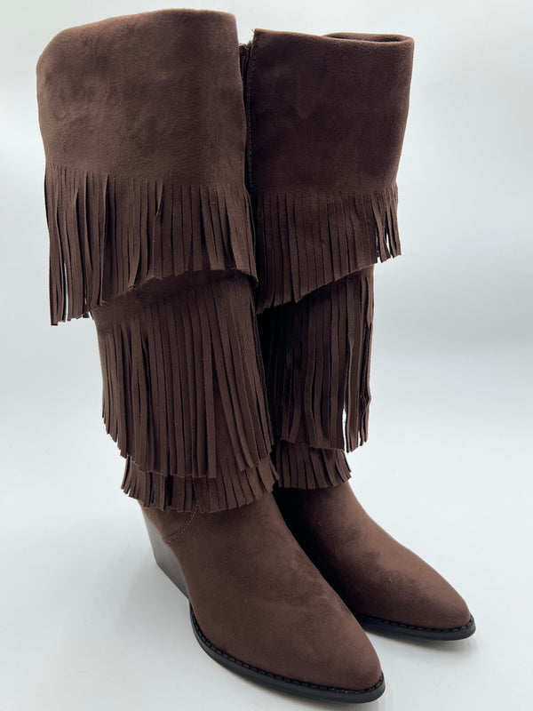 Chocolate Fringe Faux Suede Cowboy Boots in Chocolate / 36/3 - HL London