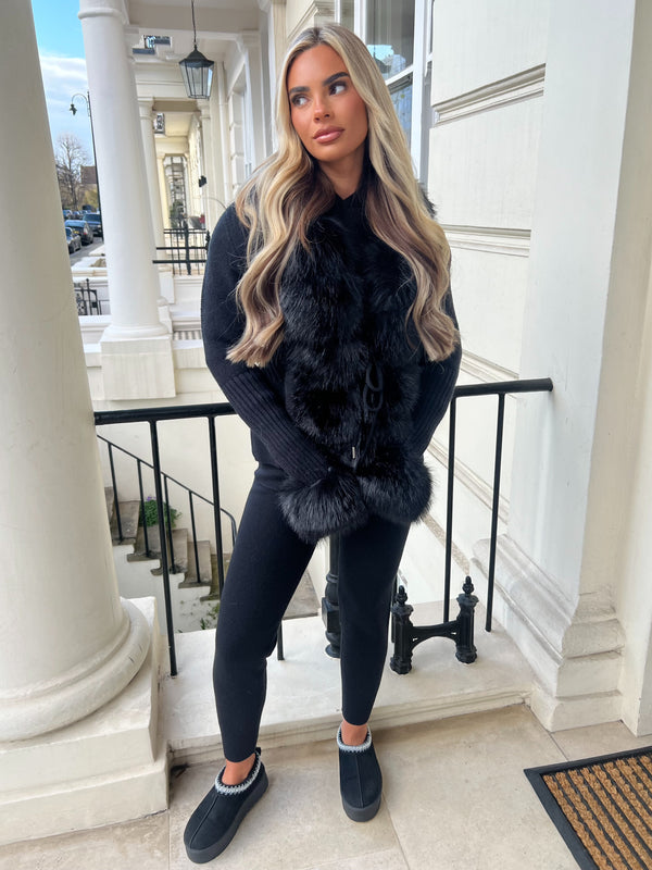 Black Premium Faux Fur Trimmed Cardigan